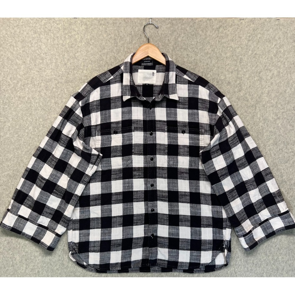 R Mens Flannel Shirt Oversized Sleeve Black‎ White Stone Enzyme Buffalo Check L